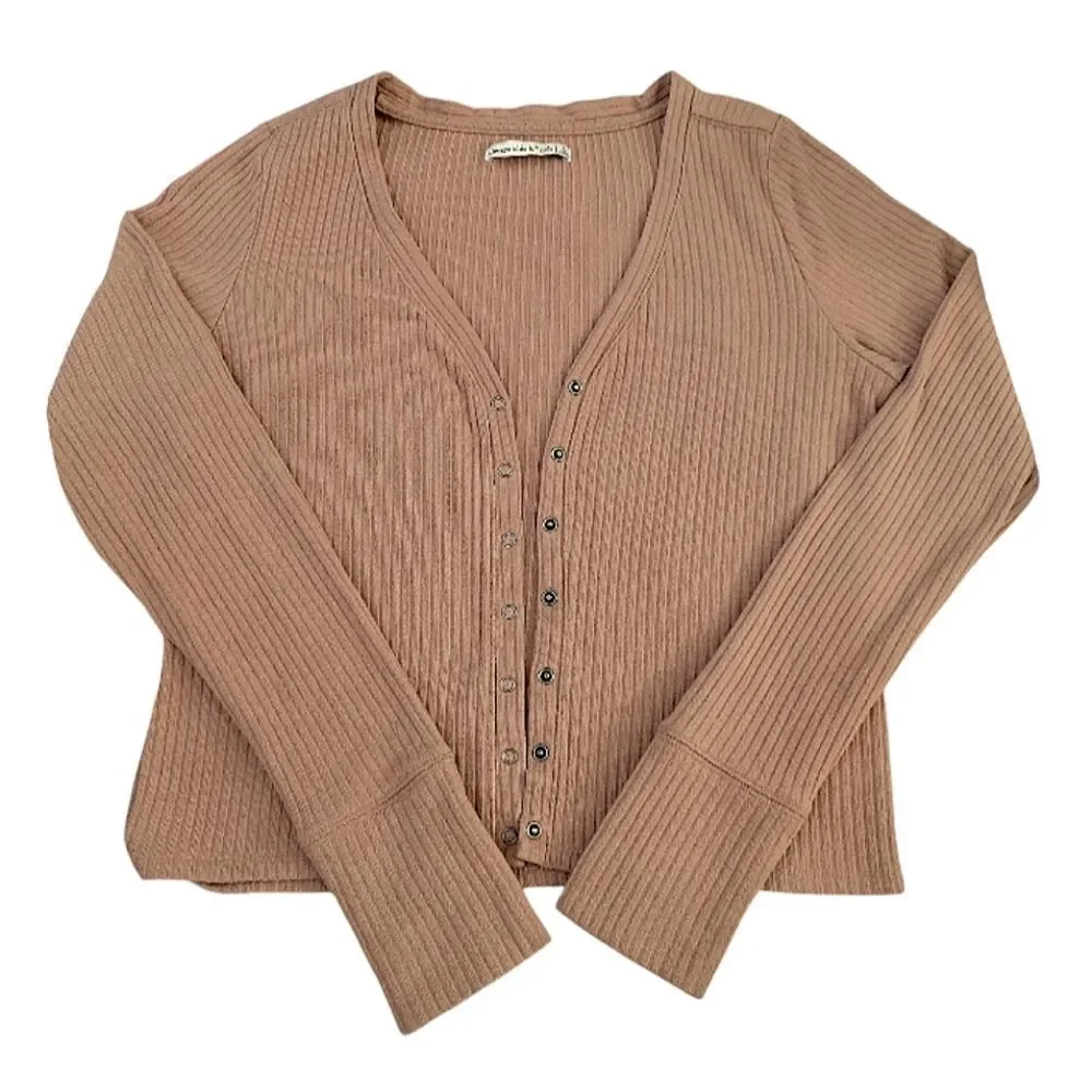 Abercrombie & Fitch Tan Ribbed Button Down Front Fitted Viscose Cardigan‎ Large